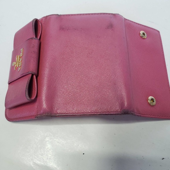 PRADA Leather Logo Wallet Small Pink Saffiano Compact Key Case Hooks Holder Bow - Picture 7 of 12